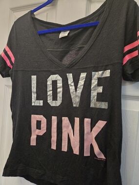 Victoria's Secret PINK Black Short Sleeve V-neck T-shirt With Velvet Lettering